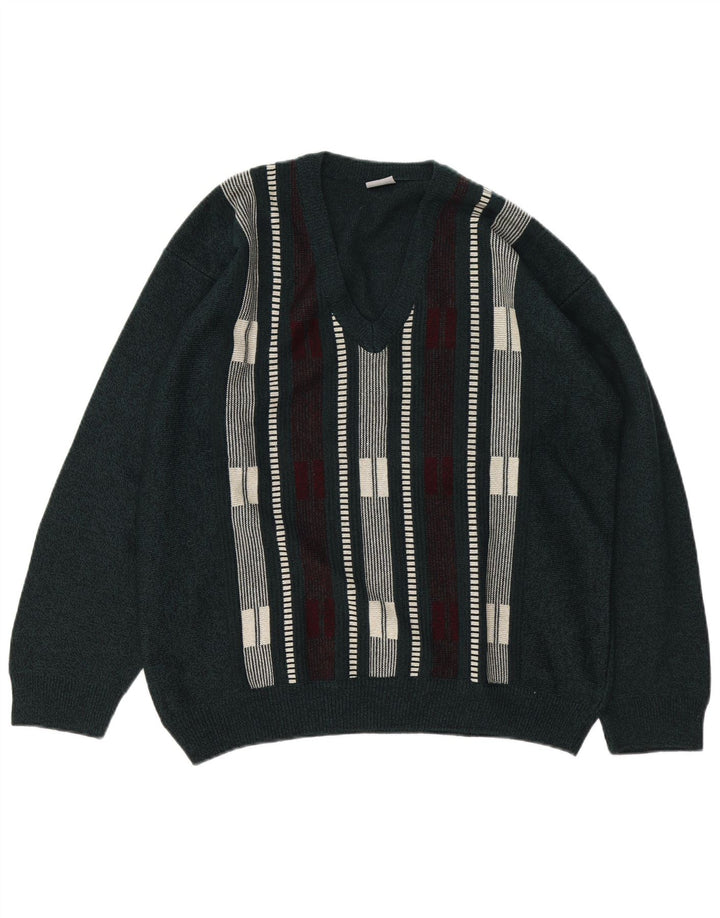 VINTAGE Mens V-Neck Jumper Sweater Large Green Striped Acrylic