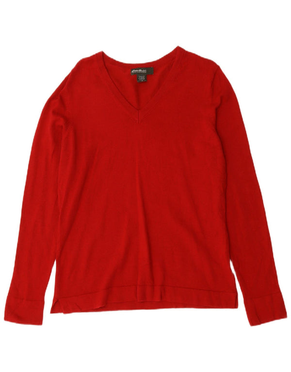 EDDIE BAUER Womens V-Neck Jumper Sweater UK 14 Medium Red Cotton
