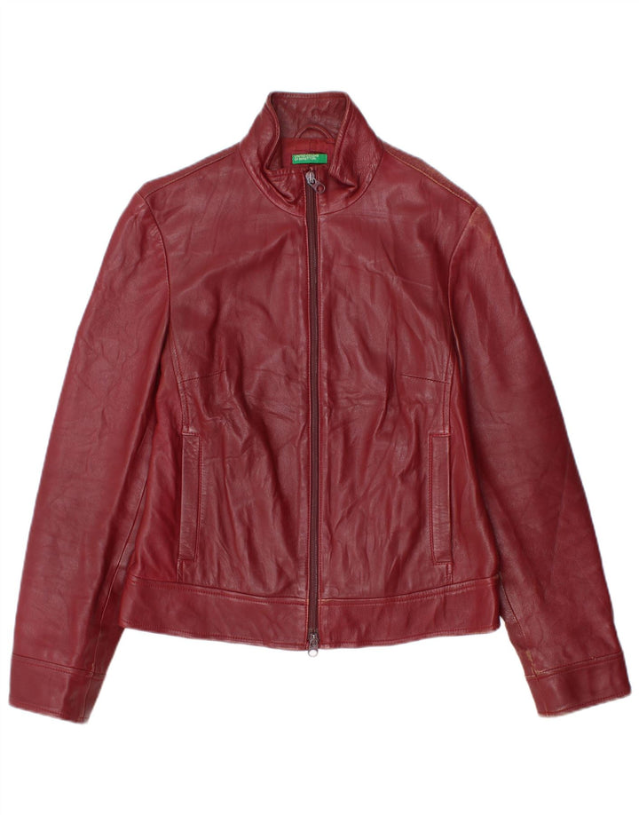 Benetton Womens Crop Leather Jacket IT 46 Large Burgundy Leather