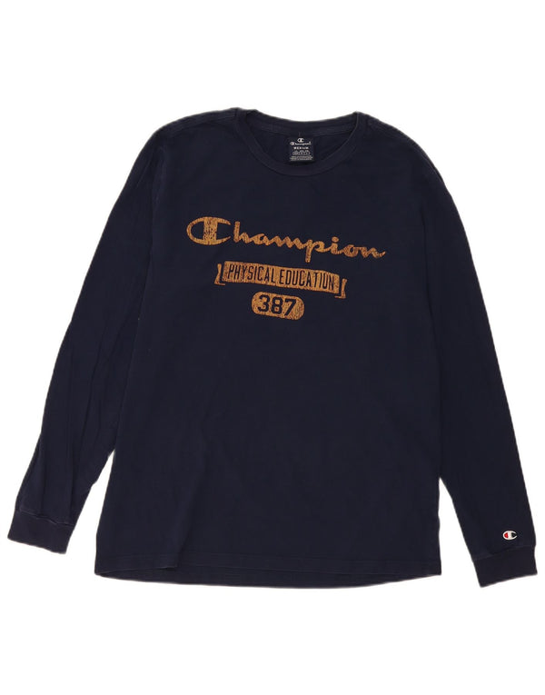 Champion Mens Graphic Top Long Sleeve Medium Navy Blue Cotton