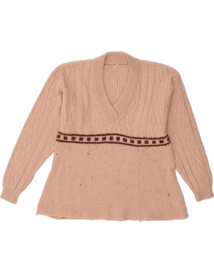 VINTAGE Womens V-Neck Jumper Sweater UK 14 Medium Beige Vintage Vintage and Second-Hand Vintage from Messina Hembry 