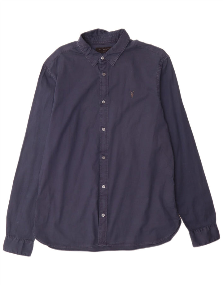 All Saints Mens Regular Fit Shirt Large Navy Blue Cotton