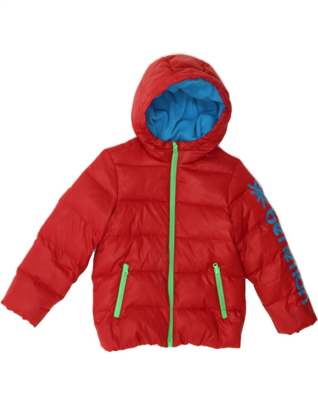 BENETTON Boys Graphic Hooded Padded Jacket 6-7 Years Small Red Polyester Vintage Benetton and Second-Hand Benetton from Messina Hembry 