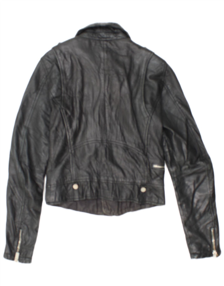 BERSHKA Womens Crop Leather Biker Jacket UK 10 Small Black Leather