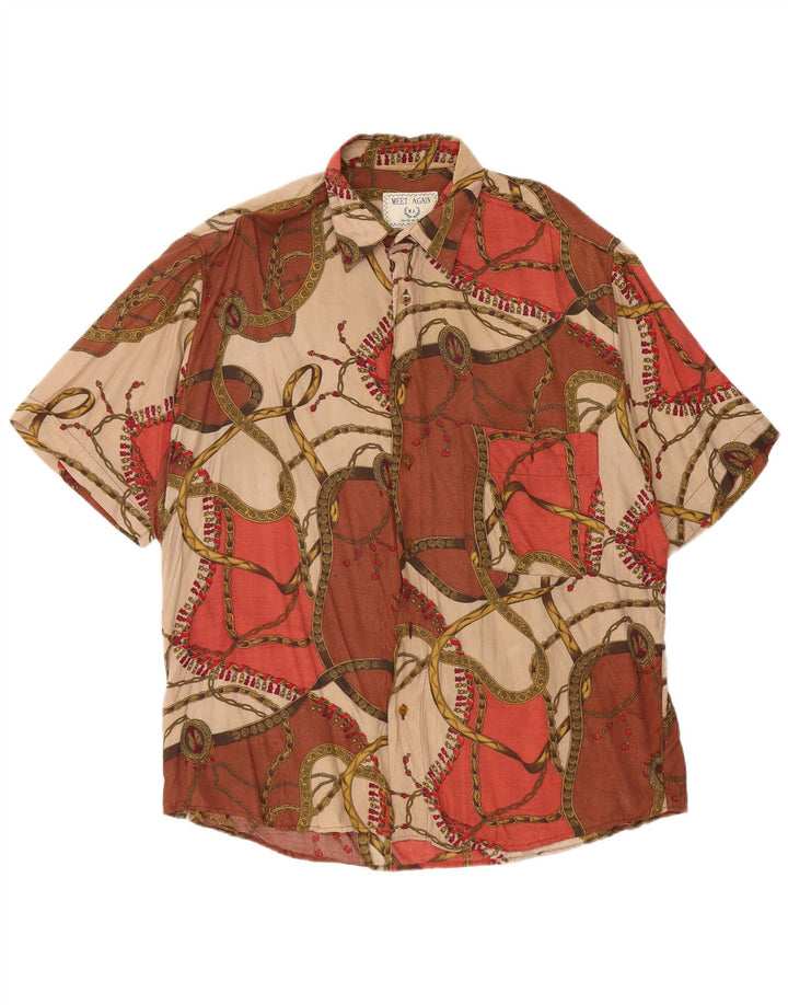 Vintage Mens Abstract Pattern Short Sleeve Shirt Large Brown Viscose