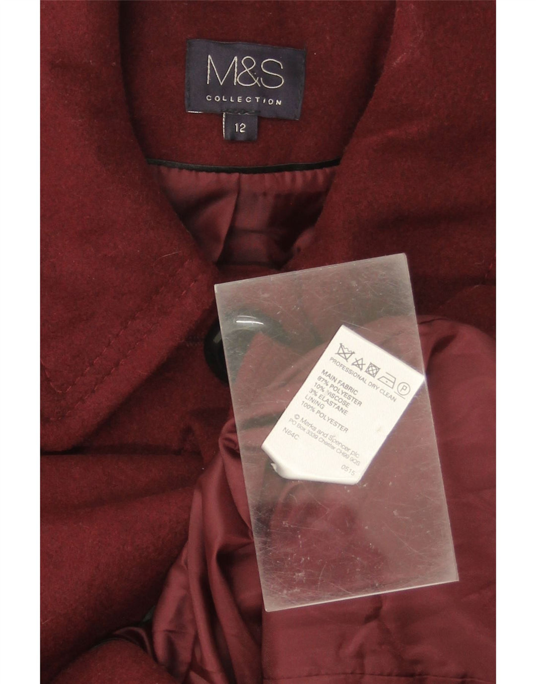 MARKS & SPENCER Womens Overcoat UK 12 Medium Burgundy Polyester