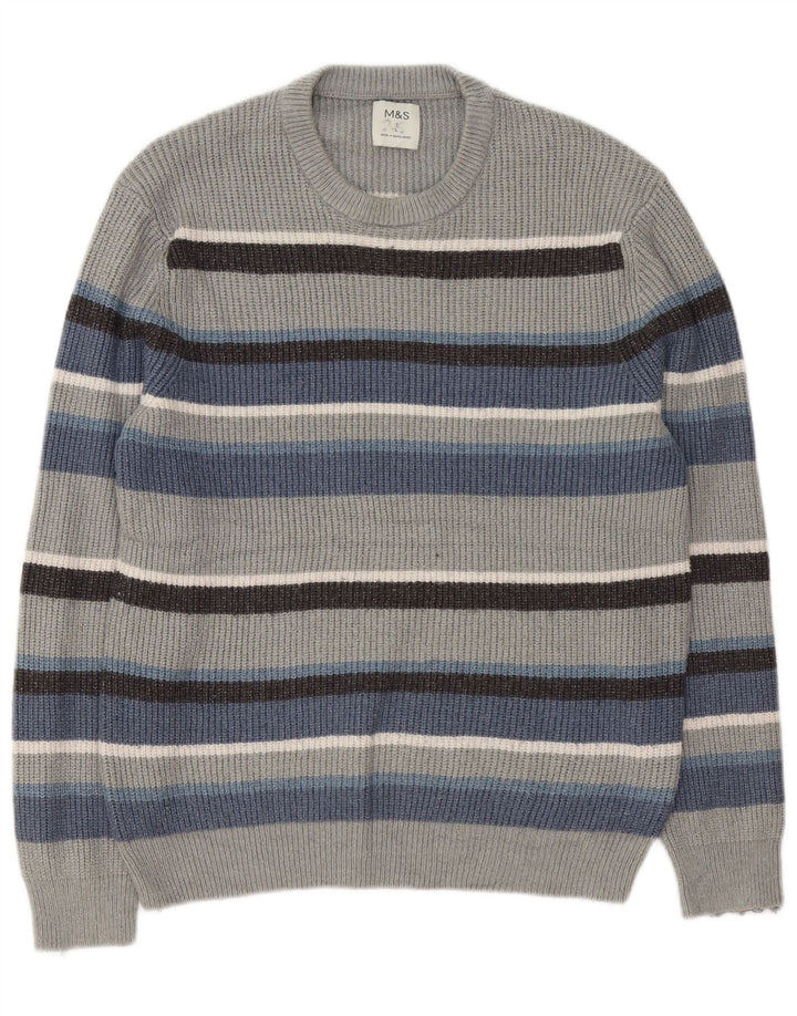 Marks & Spencer Mens Crew Neck Jumper Sweater Large Grey Striped Polyamide