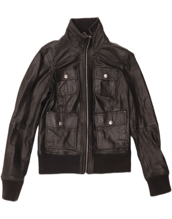 BERSHKA Womens Crop Leather Jacket UK 14 Large Black Leather