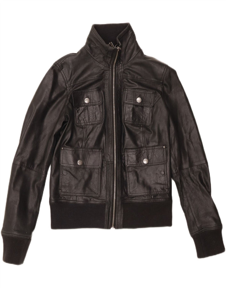 BERSHKA Womens Crop Leather Jacket UK 14 Large Black Leather