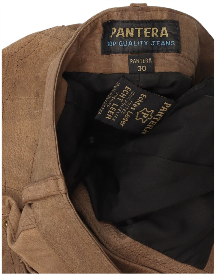 PANTERA Mens Straight Leather Trousers W30 L33 Beige Leather