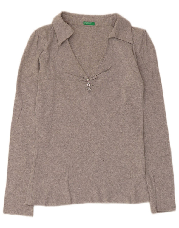 Benetton Womens Long Sleeve Regular Polo Shirt UK 10 Small Grey Cotton