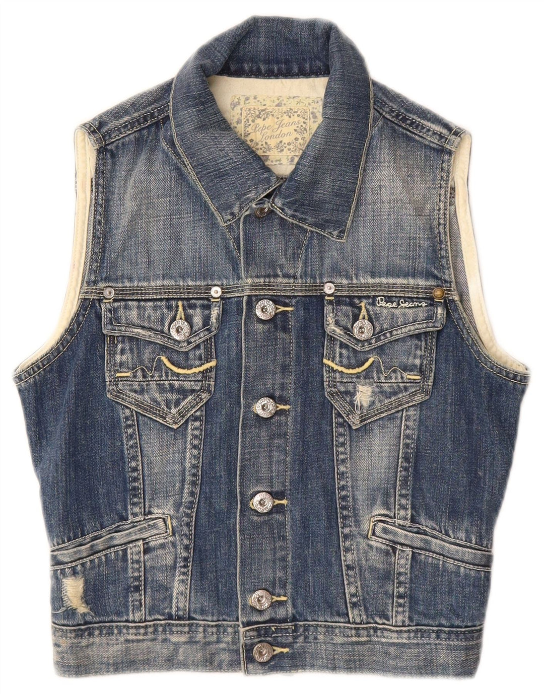 PEPE Jeans Boys Distressed Denim Gilet 7-8 Years Medium Blue Cotton