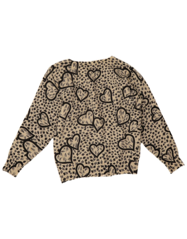 Vintage Womens Cardigan Sweater UK 10 Small Beige Animal Print Lambswool
