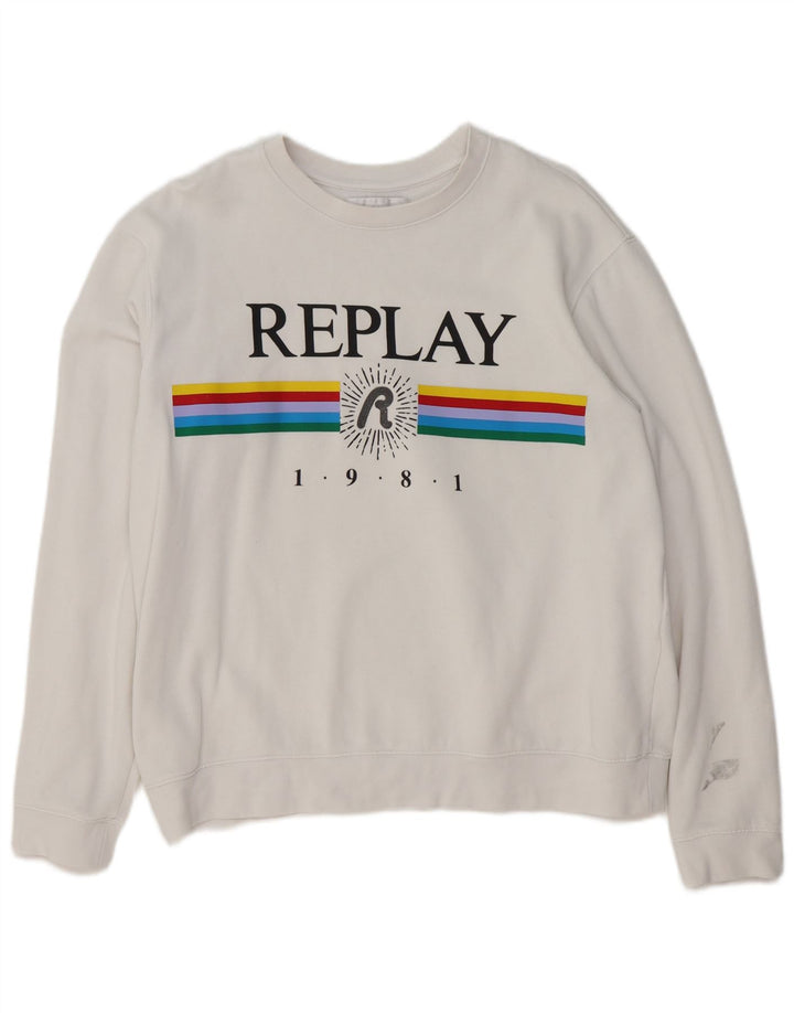REPLAY Womens Graphic Sweatshirt Jumper UK 16 Large White
