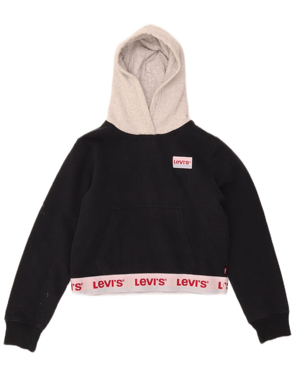 LEVI'S Girls Crop Graphic Hoodie Jumper 11-12 Years Black Colourblock