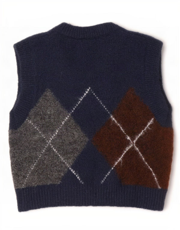 Zara Womens Crop Vest Tank Top UK 10 Small Navy Blue Argyle/Diamond