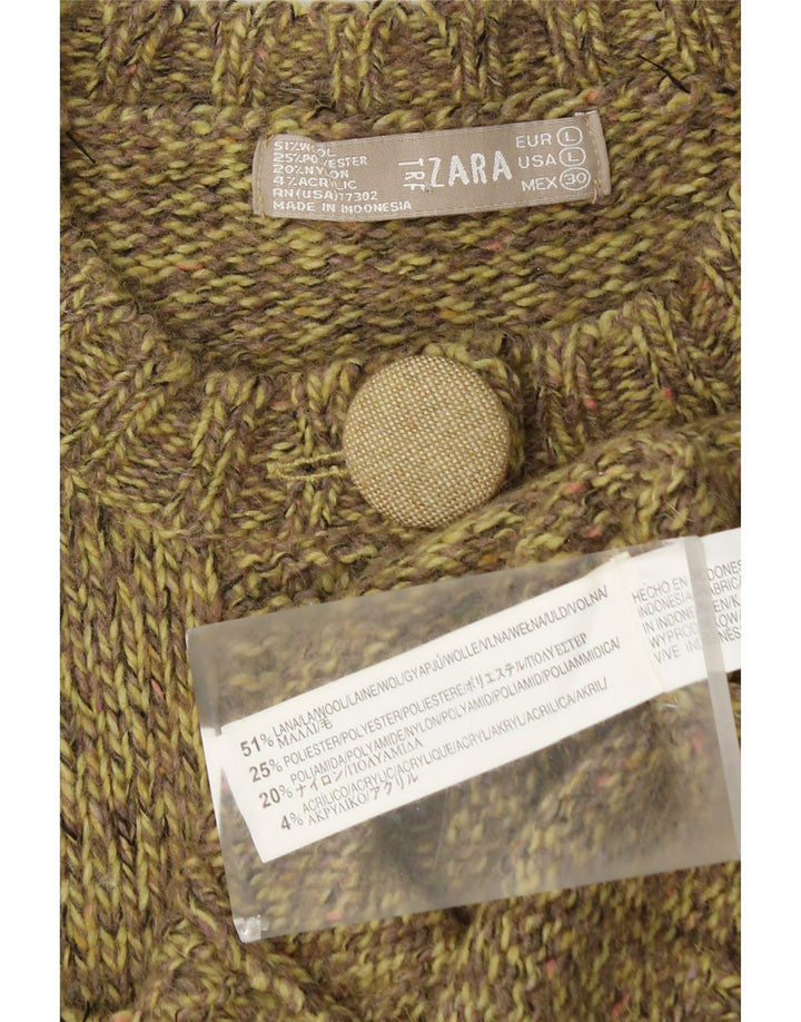 ZARA Womens Cardigan Sweater UK 14 Large Khaki Flecked Wool