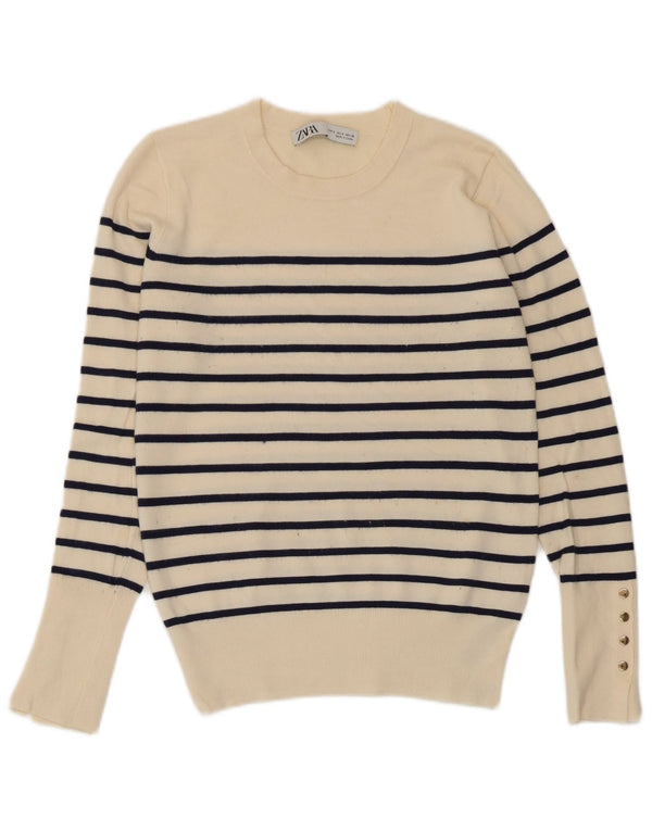 Zara Womens Crew Neck Jumper Sweater UK 10 Small Off White Striped Viscose