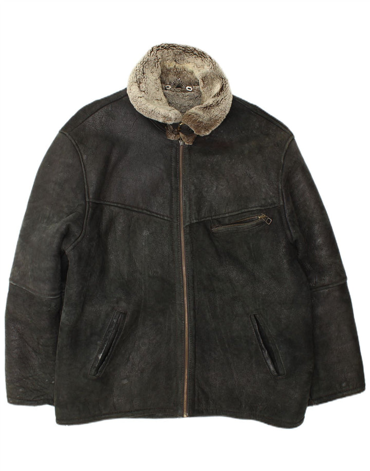 Vintage Mens Shearling Jacket UK 42 XL Black Leather
