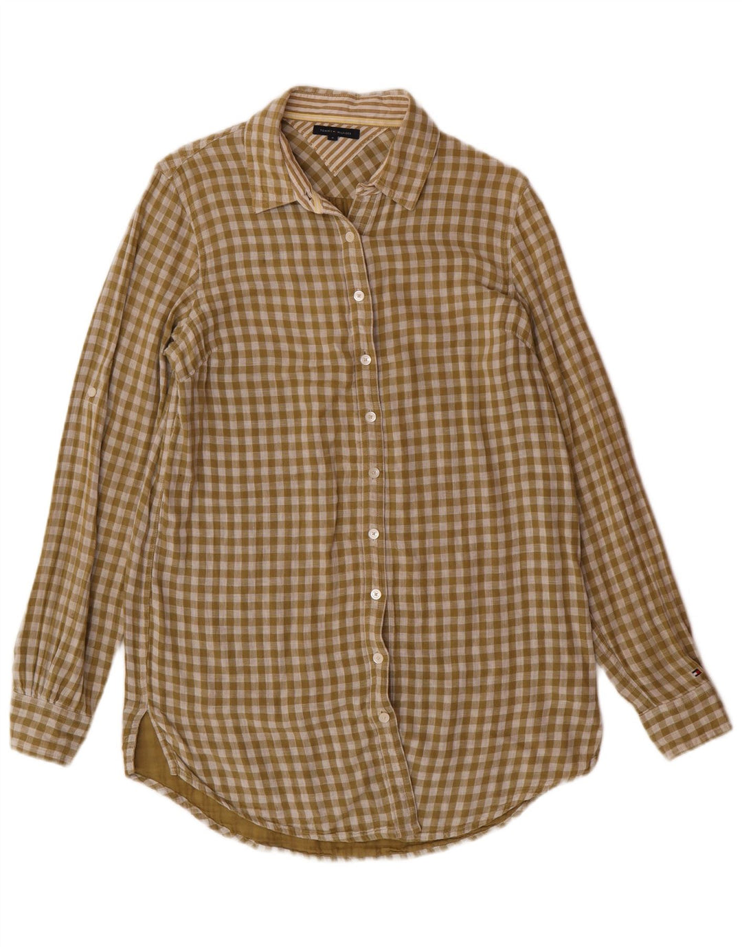TOMMY HILFIGER Womens Longline Shirt US 8 Medium Green Gingham Cotton