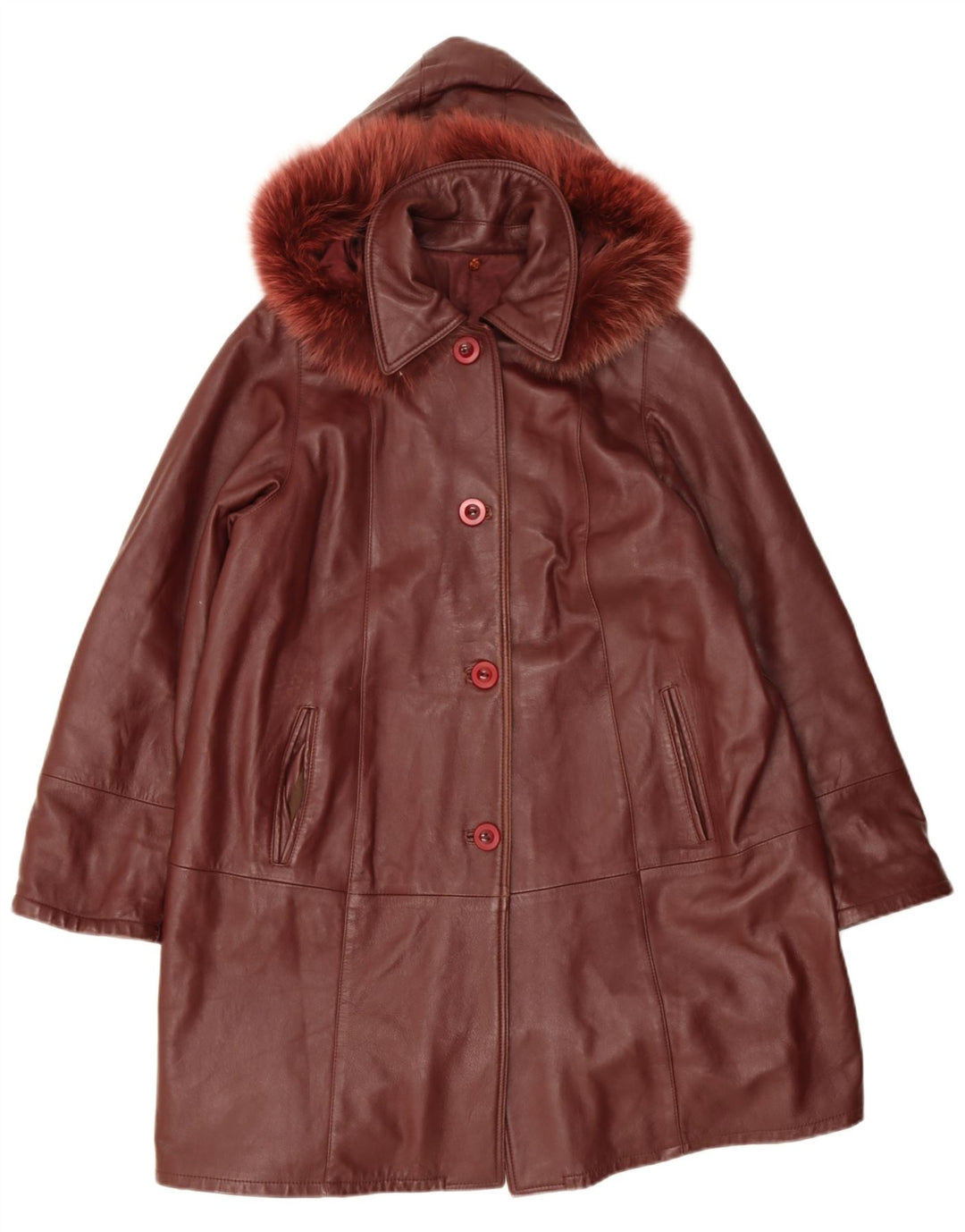 Vintage Womens Hooded Leather Coat UK 14 Medium Red