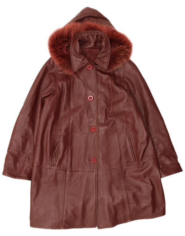 Vintage Womens Hooded Leather Coat UK 14 Medium Red