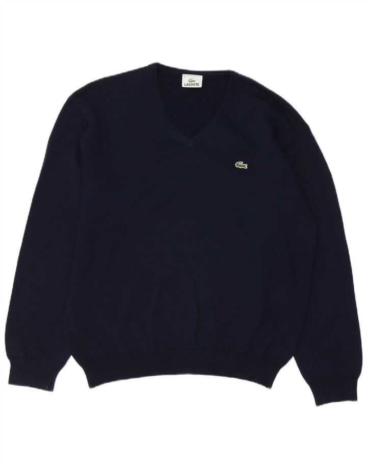 Lacoste Mens V-Neck Jumper Sweater Size 4 Medium Navy Blue Virgin Wool