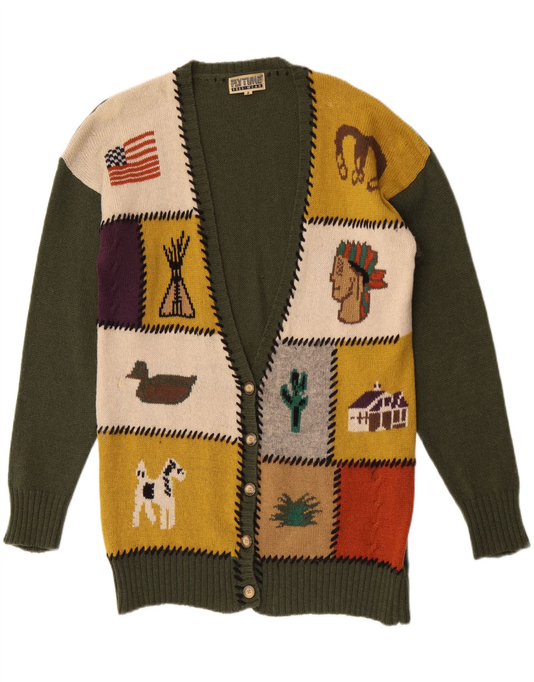Vintage Womens Graphic Cardigan Sweater UK 16 Large Green Patchwork Wool