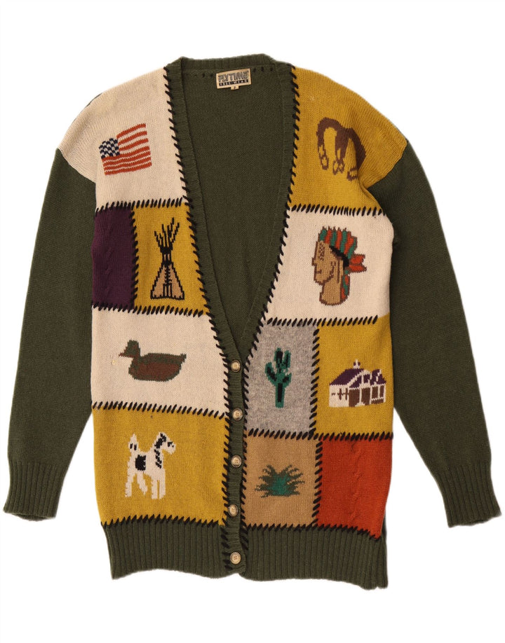 Vintage Womens Graphic Cardigan Sweater UK 16 Large Green Patchwork Wool
