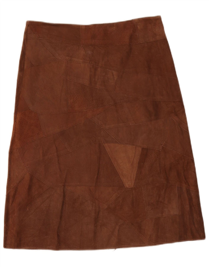 VINTAGE Womens Leather Skirt IT 42 Medium W30 Brown Patchwork Leather
