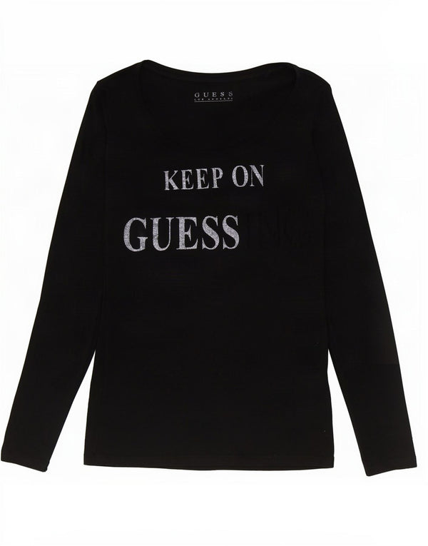 Guess Womens Graphic Top Long Sleeve UK 4 XS Black Cotton