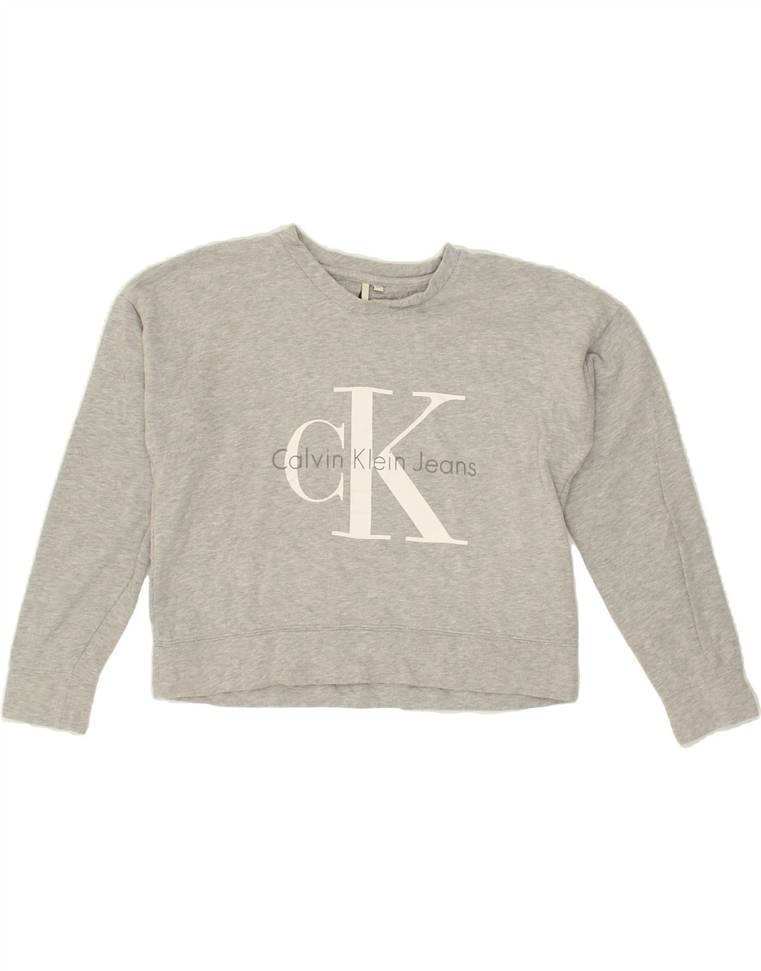 CALVIN KLEIN Womens Crop Graphic Sweatshirt Jumper UK 14 Medium Grey Vintage Calvin Klein and Second-Hand Calvin Klein from Messina Hembry 
