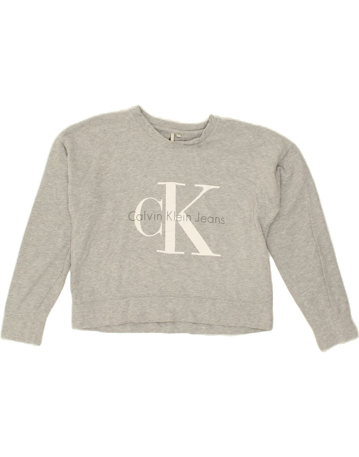 CALVIN KLEIN Womens Crop Graphic Sweatshirt Jumper UK 14 Medium Grey Vintage Calvin Klein and Second-Hand Calvin Klein from Messina Hembry 