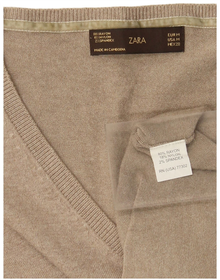 Zara Womens V-Neck Jumper Sweater UK 12 Medium Beige Rayon