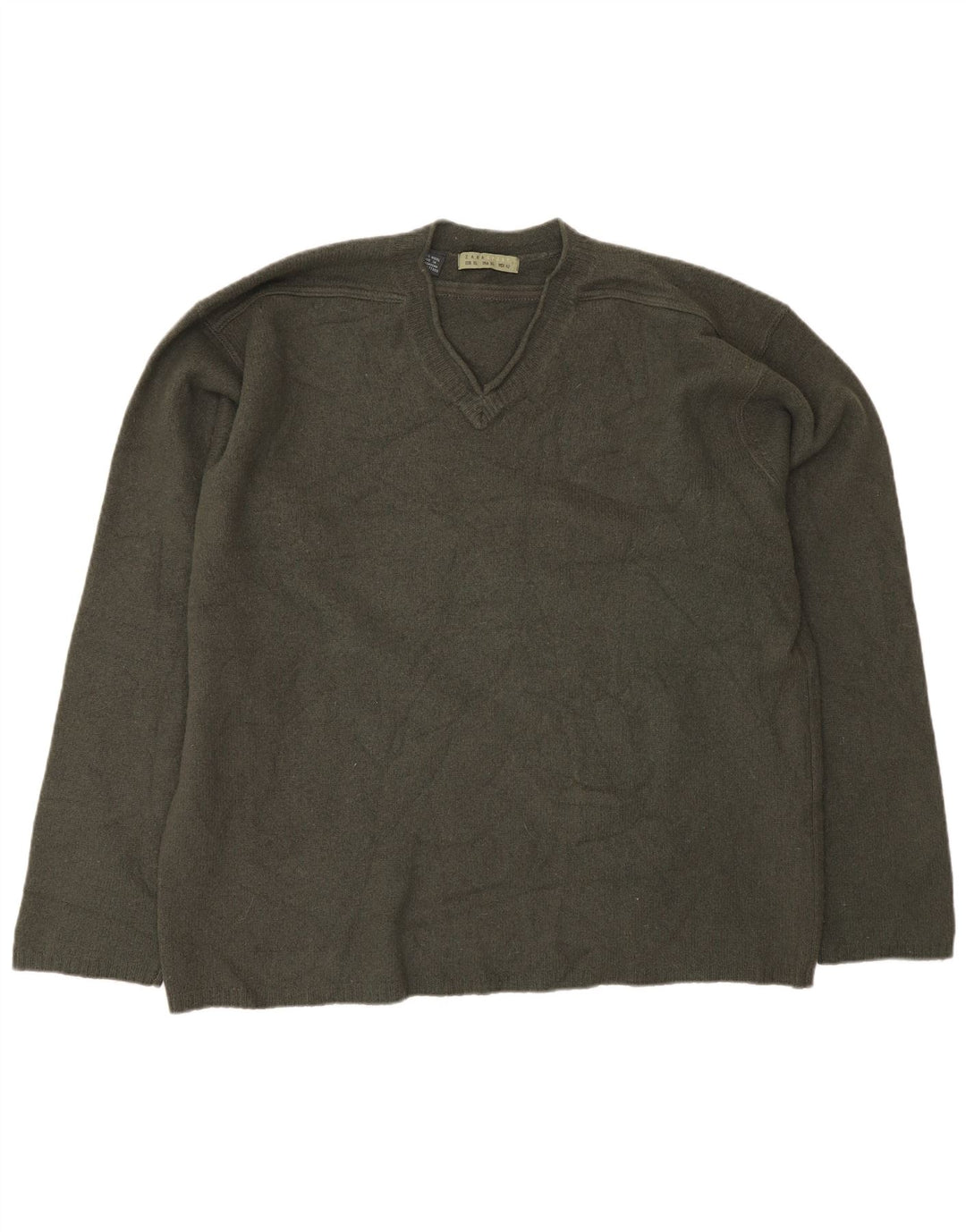 Zara Mens V-Neck Jumper Sweater XL Khaki Wool
