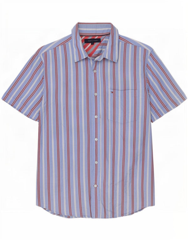 Tommy Hilfiger Mens Short Sleeve Shirt Large Blue Striped Cotton