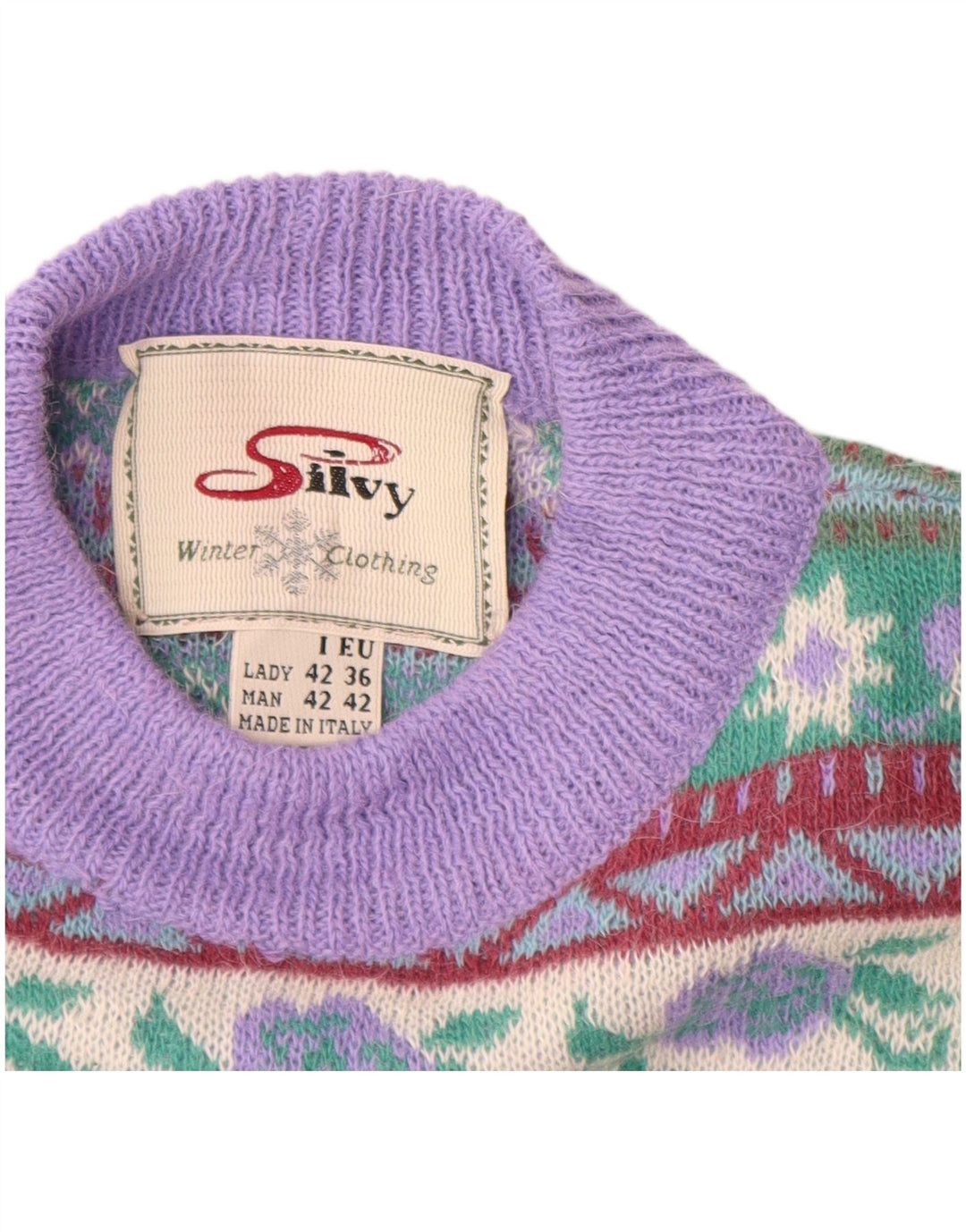 SILVY Womens Crew Neck Jumper Sweater IT 42 Medium Purple Fair Isle