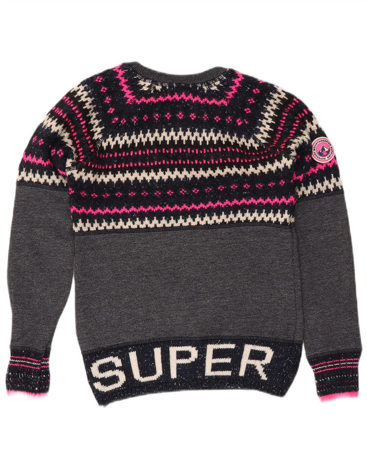 SUPERDRY Womens Crew Neck Jumper Sweater UK 6 XS Navy Blue Fair Isle