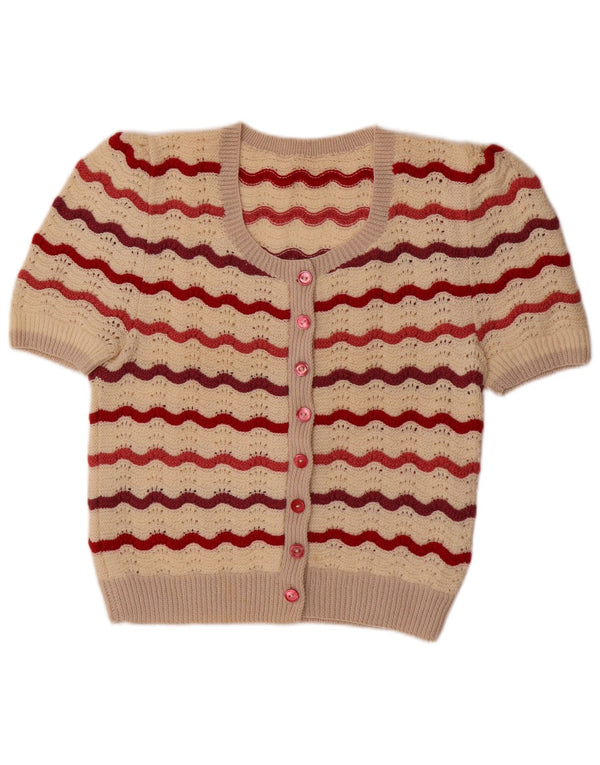 VINTAGE Womens Short Sleeve Cardigan Sweater UK 14 Medium Beige Striped