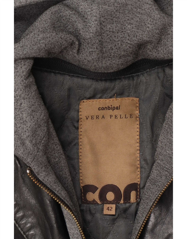 Conbipel Womens Hooded Leather Utility Jacket IT 42 Medium Black