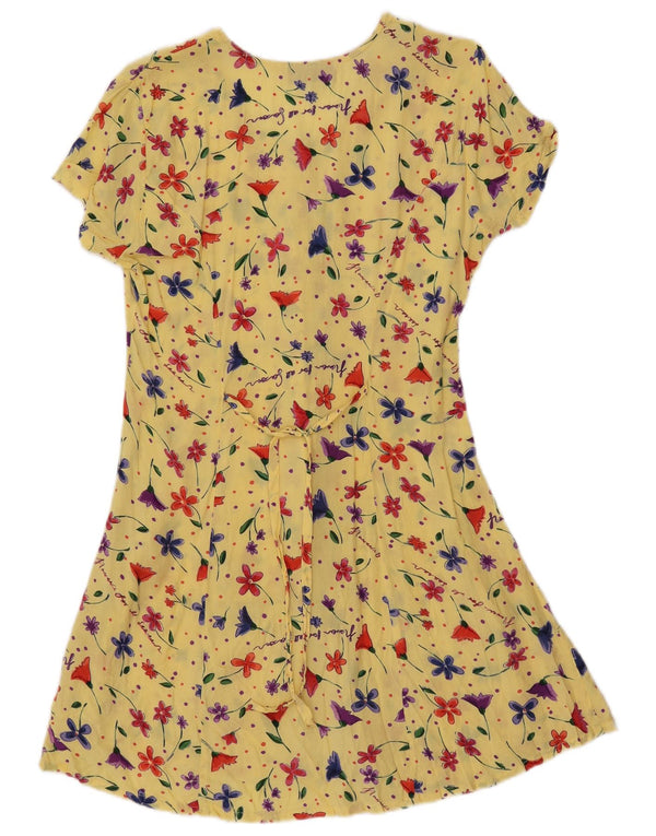 Vintage Womens Short Sleeves Shirt Dress UK 14 Medium Yellow Floral Viscose