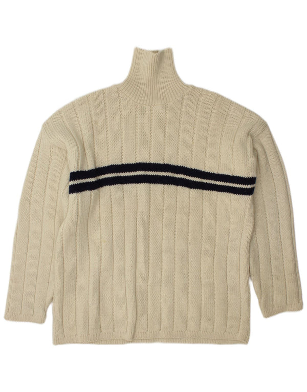 VINTAGE Mens Turtle Neck Jumper Sweater Large Off White Striped Wool
