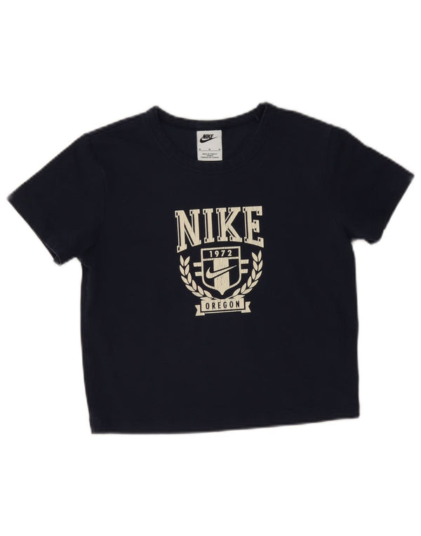 Nike Womens Crop Graphic T-Shirt Top UK 12 Medium Navy Blue Cotton