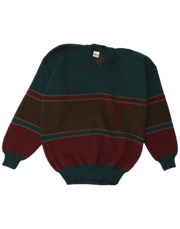 Vintage Mens V-Neck Jumper Sweater XL Green Colourblock