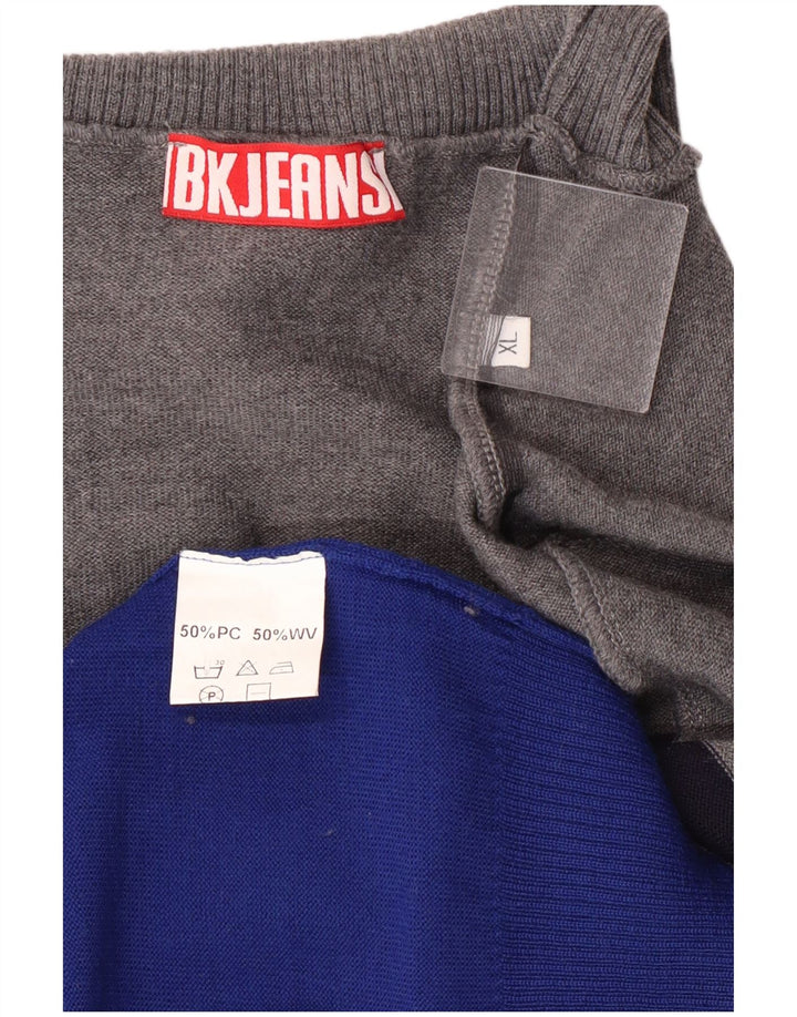 Vintage Mens Roll Neck Jumper Sweater XL Grey Colourblock Acrylic