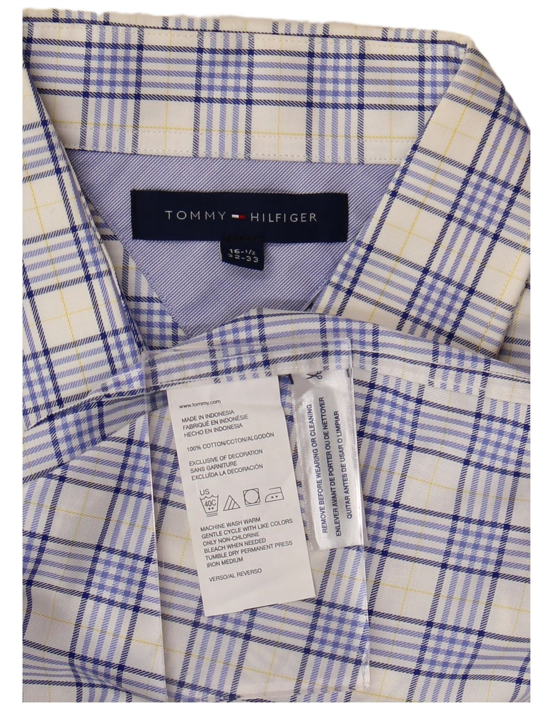 TOMMY HILFIGER Mens Shirt Size 16 1/2 Large Blue Check Cotton