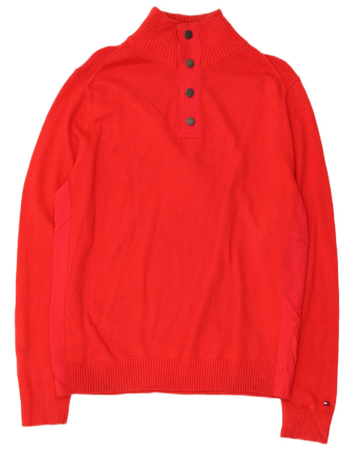 TOMMY HILFIGER Mens Button Neck Jumper Sweater Large Red Cotton