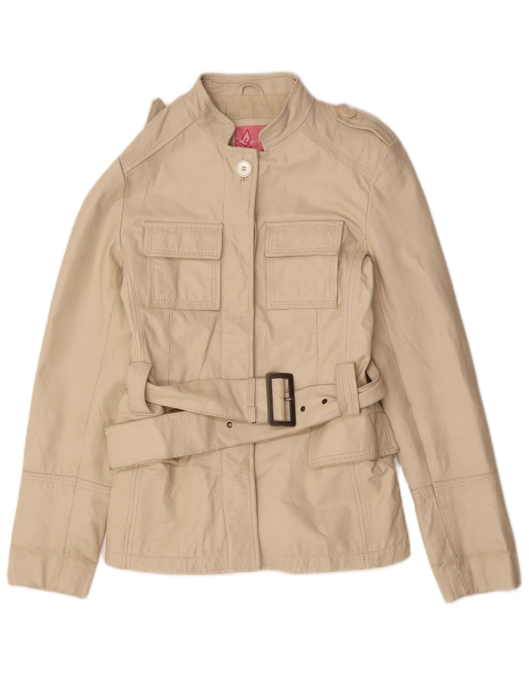 Vintage Womens Military Leather Jacket IT 44 Medium Beige Leather