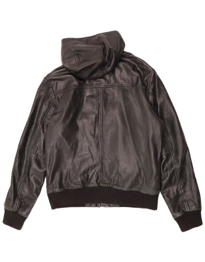 Conbipel Mens Hooded Leather Jacket IT 50 Large Black Lambskin
