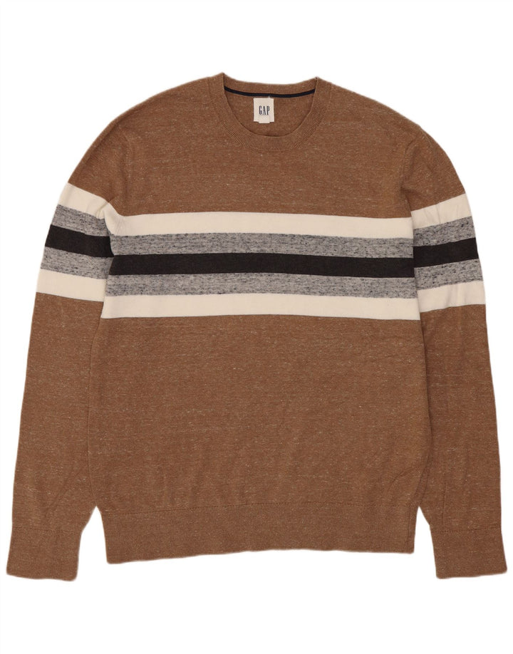 Gap Mens Crew Neck Jumper Sweater Medium Brown Striped Cotton Classic